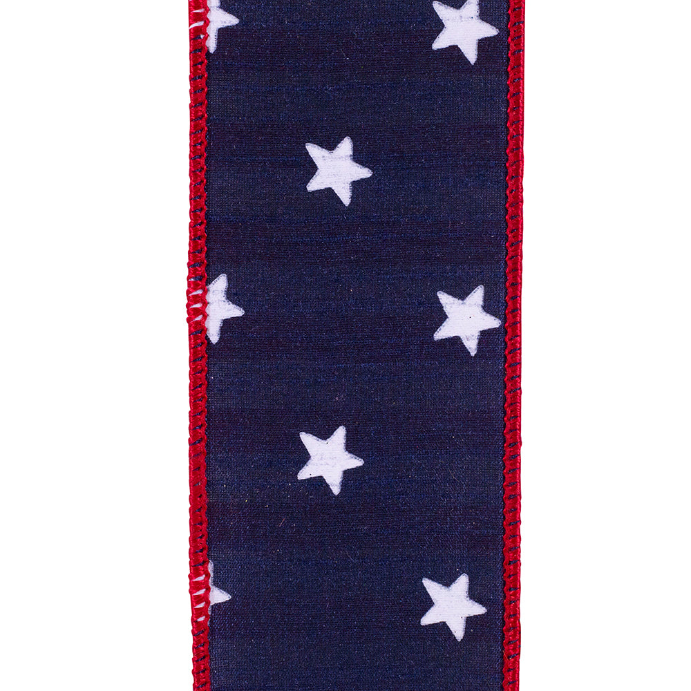 Navy dupioni ribbon with red wired edge backing in a striped pattern