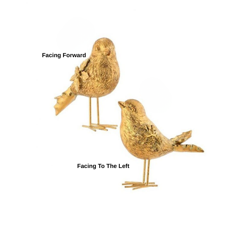 Two 6-inch gold resin holiday bird figurines, one facing forward and one facing left.