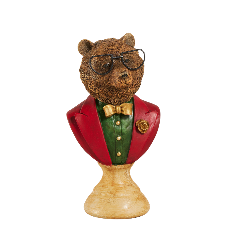 8-inch resin bear bust wearing glasses, a red jacket, green shirt, and gold bow tie.