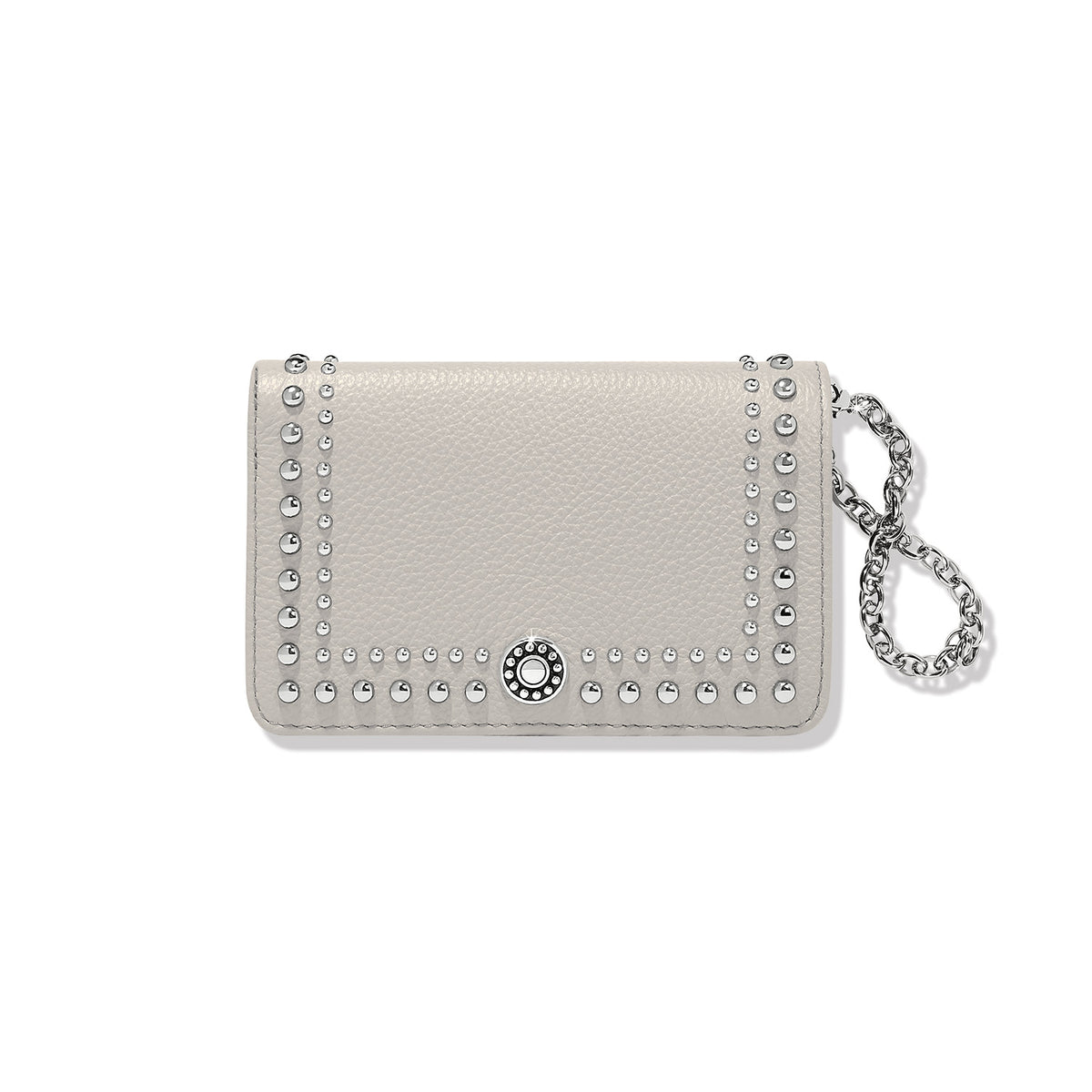 Moonstone leather medium wallet with silver stud trim and a detachable chain strap.