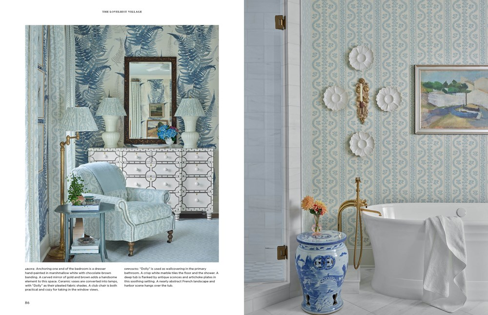 Interior design book spread showing a blue patterned bedroom and a matching elegant bathroom.