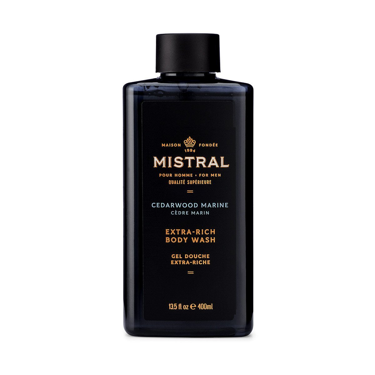 Mistral Men's Extra-Rich Body Wash in Cedarwood Marine, 13.5 fl oz black bottle.