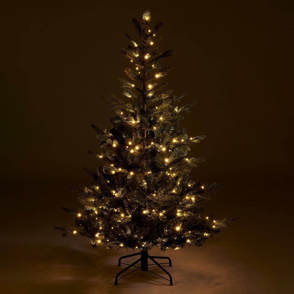 5-foot green Norway Spruce artificial Christmas tree with 200 warm LED twinkle lights on metal stand