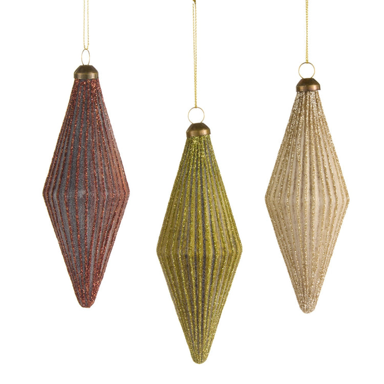 Three 5.5-inch ribbed glass finial ornaments in glittery copper, green, and champagne gold.