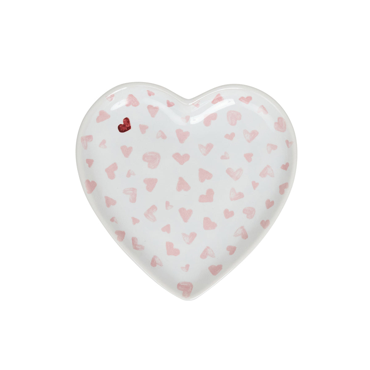 Pink ceramic heart-shaped tray with 'Love You More' text