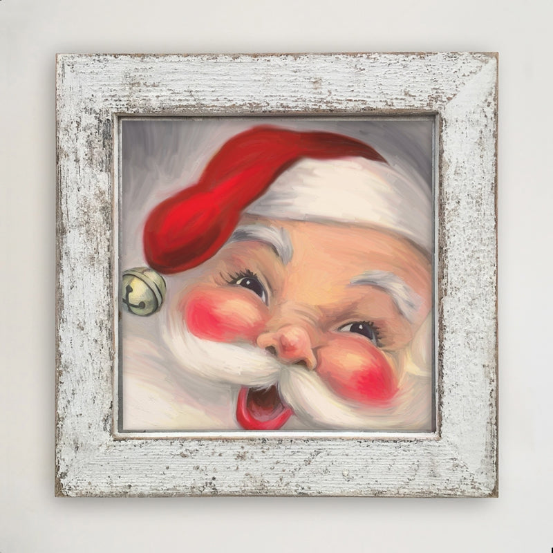 White painted barnwood frame with permanently mounted print titled Rosey Cheek Santa.
