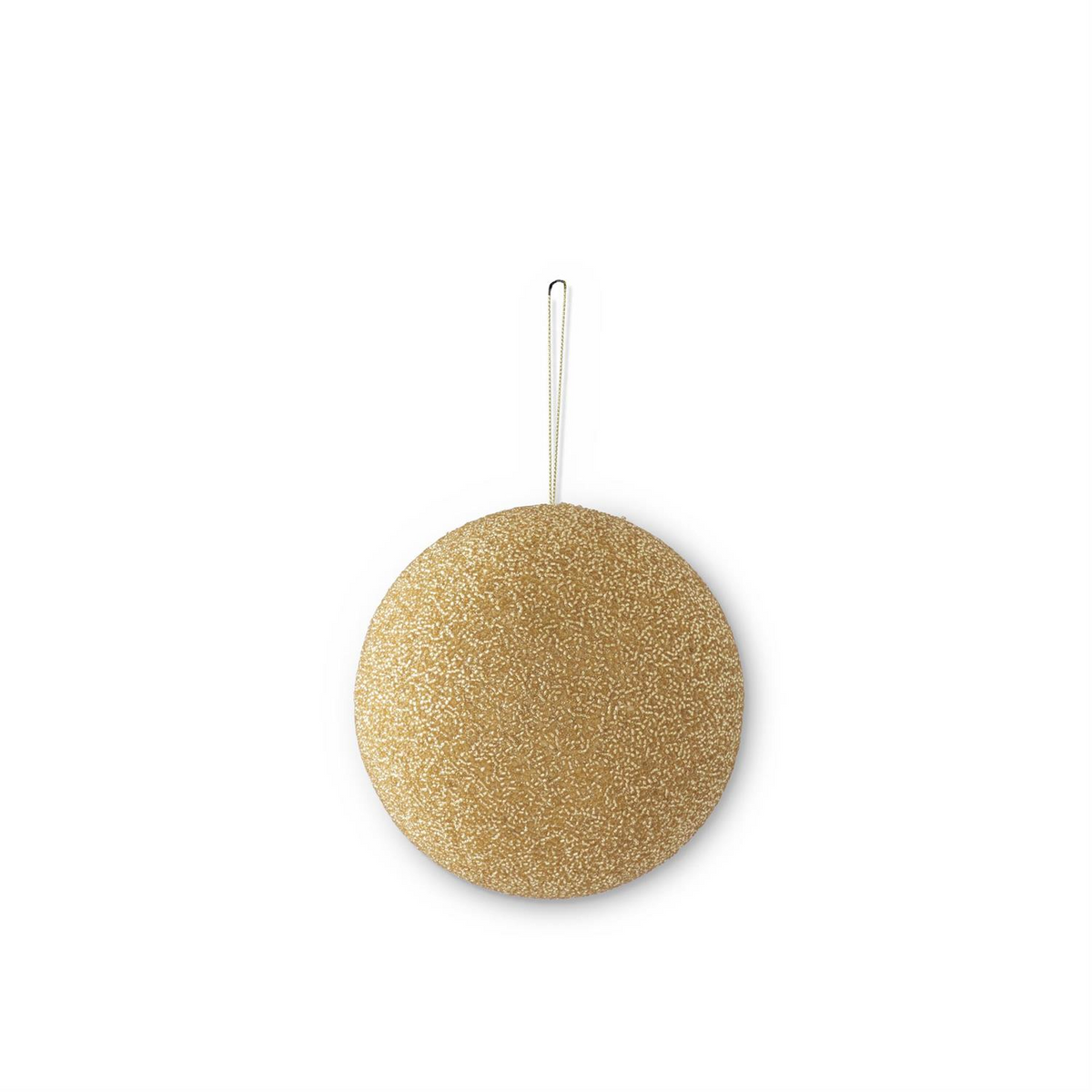 6 inch round Christmas ornament covered in gold seed beads with a hanging loop.