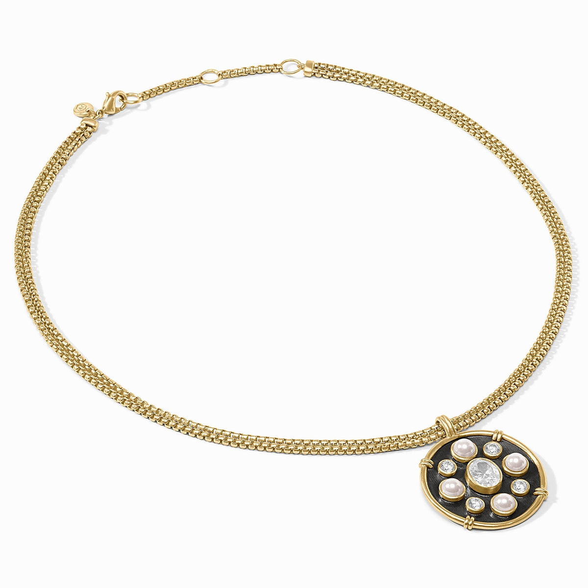 Tribeca Statement Necklace in 24K gold plate with shell pearl and cubic zirconia pendant.