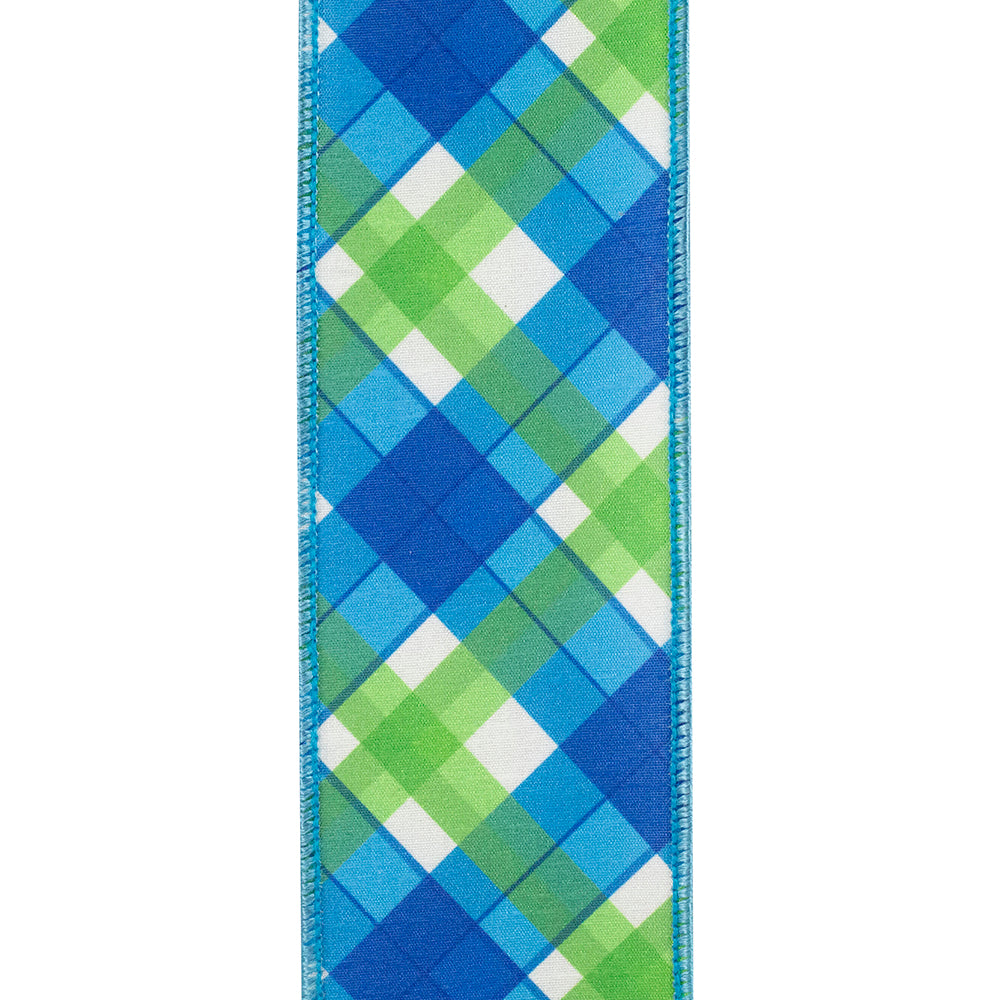 2.5 inch Plaid Seaway Deluxe Backed Wired Edge Ribbon in blue, green, and white.