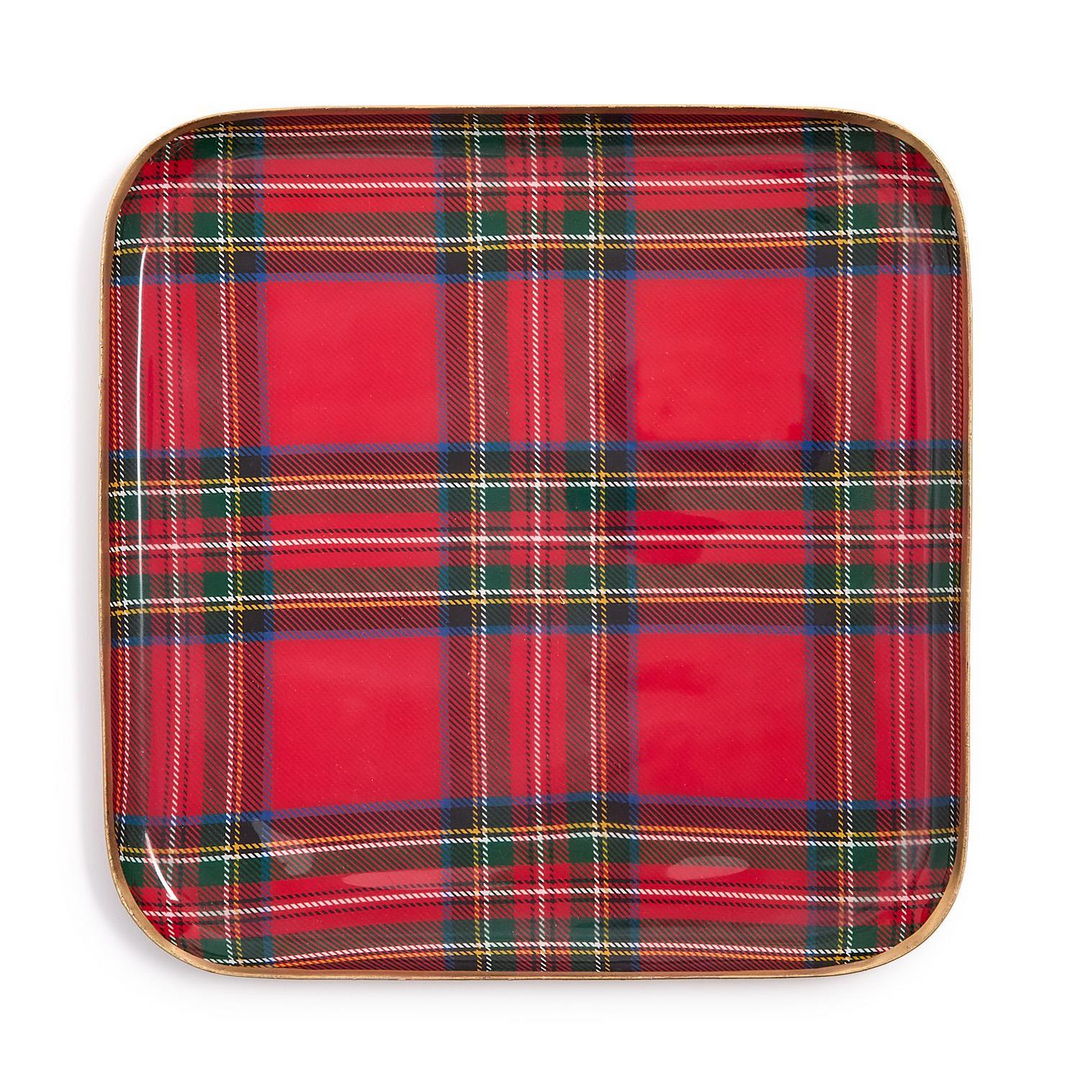 Square red tartan decorative metal tray with a glossy enamel finish and gold-toned rim.