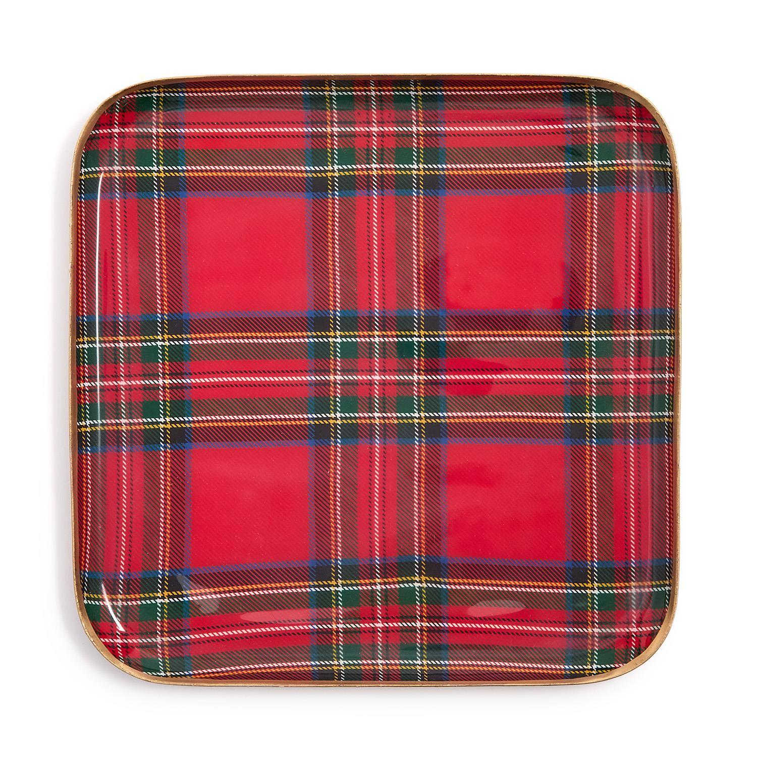Square red tartan decorative metal tray with a glossy enamel finish and gold-toned rim.