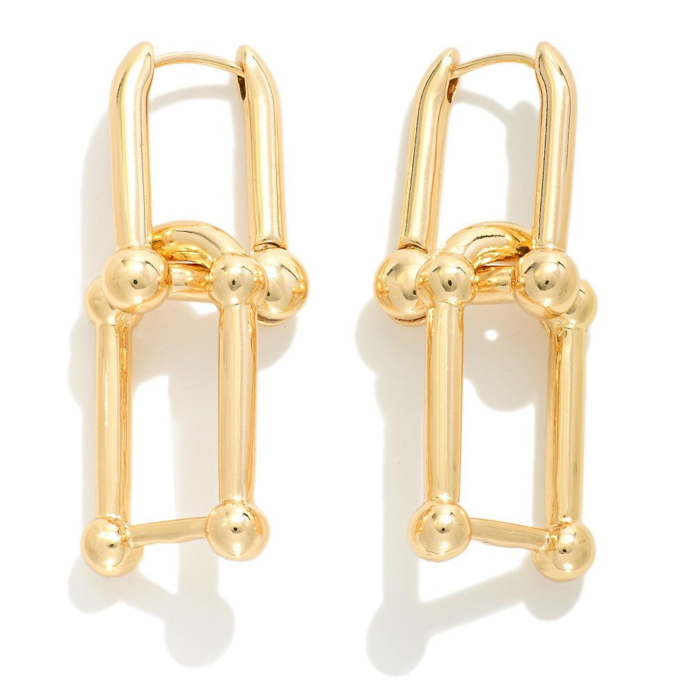 Linked metal U chain hinged hoop earrings in silver tone with a smooth silhouette.