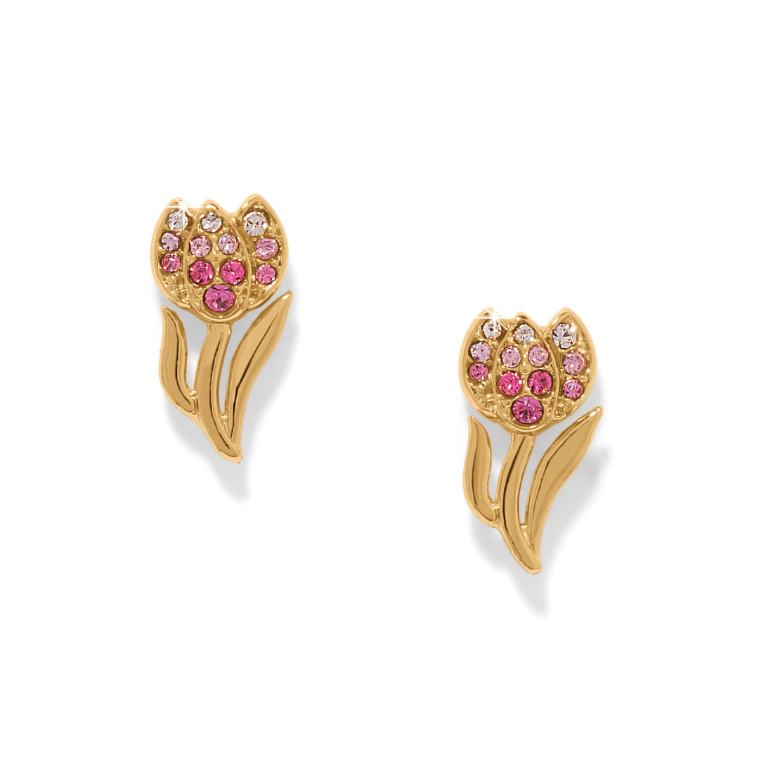 Gold-plated post earrings with flat disc backs featuring multi-colored crystal tulip drops.