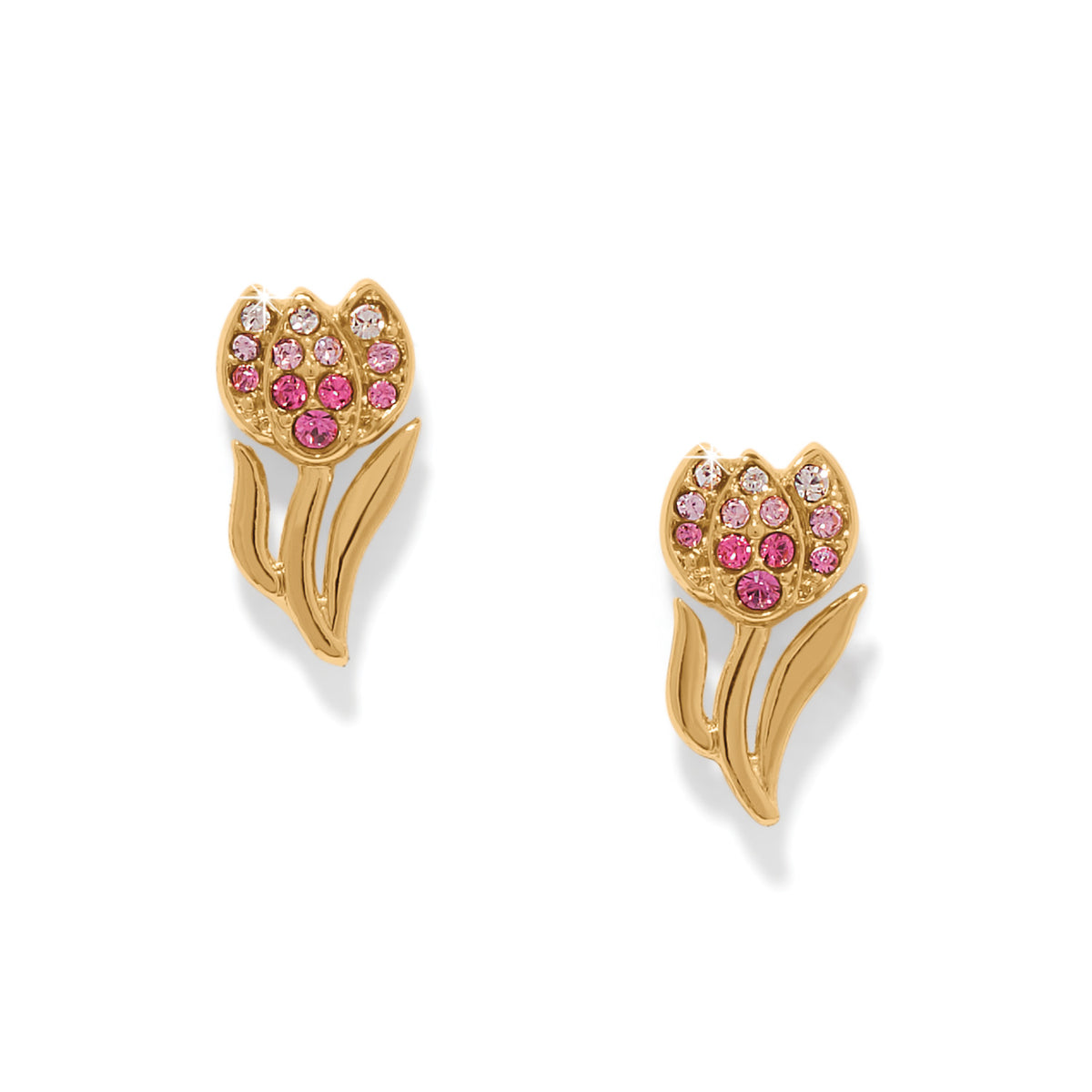 Gold-plated post earrings with flat disc backs featuring multi-colored crystal tulip drops.