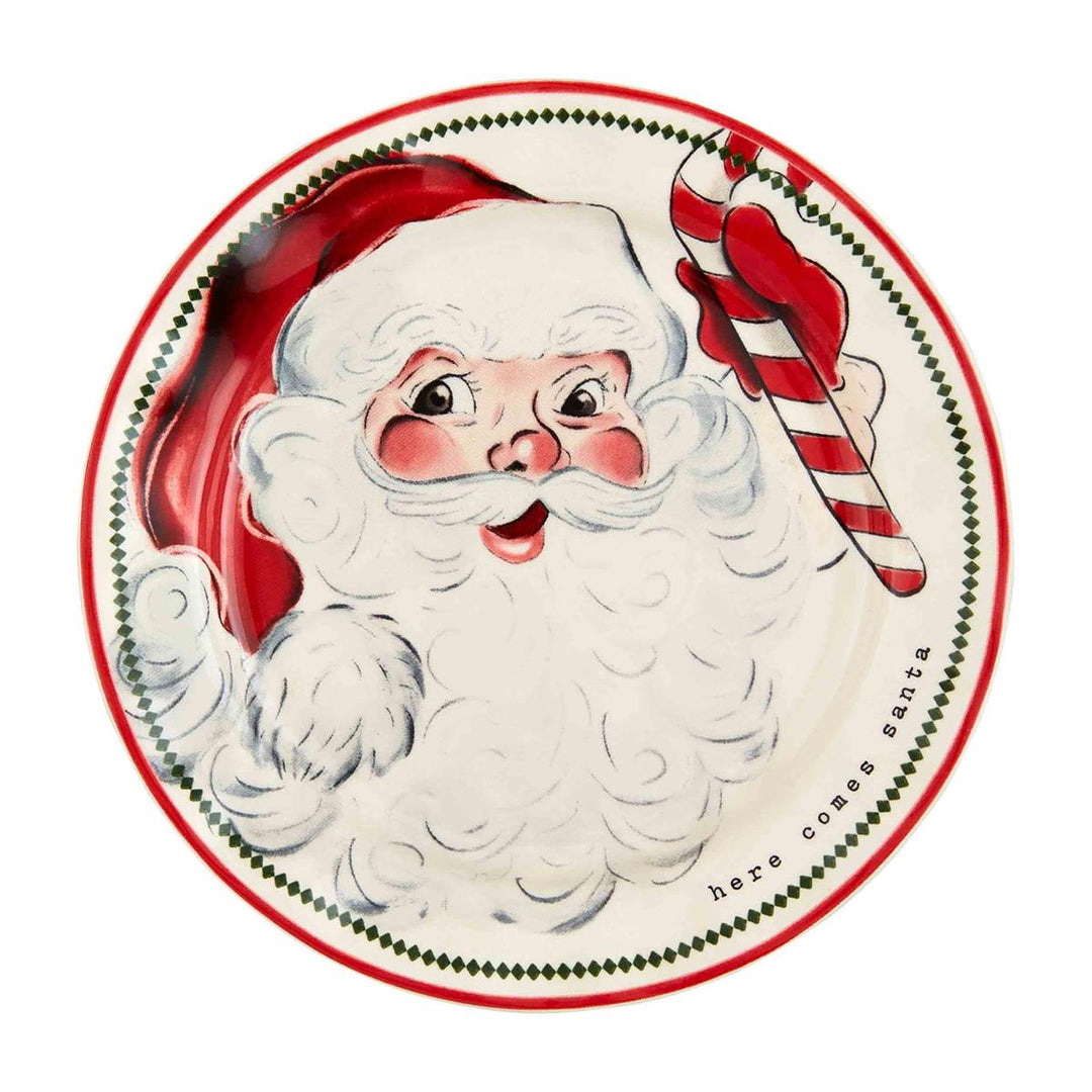 Round stoneware Vintage Santa Salad bowl with festive red and white pattern.