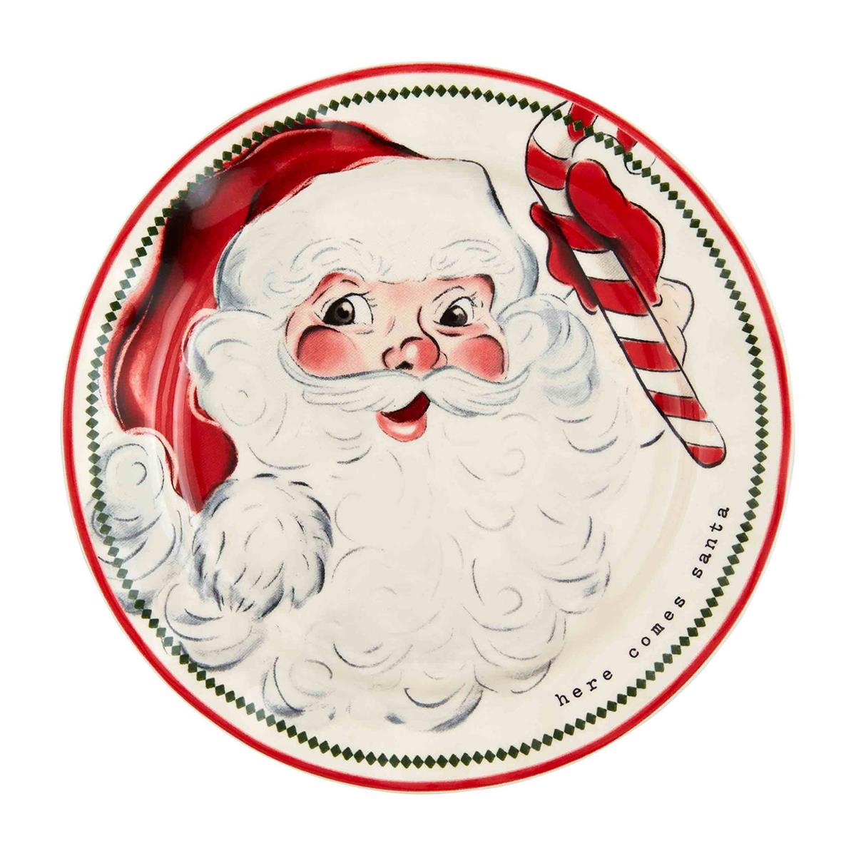 Round stoneware Vintage Santa Salad bowl with festive red and white pattern.