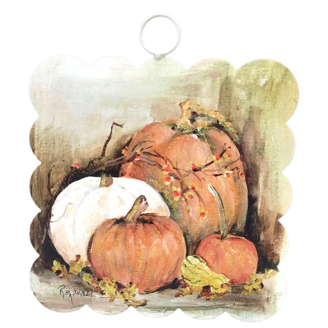 Mini scallop-edged metal art featuring a painted still life of white and orange autumn pumpkins.