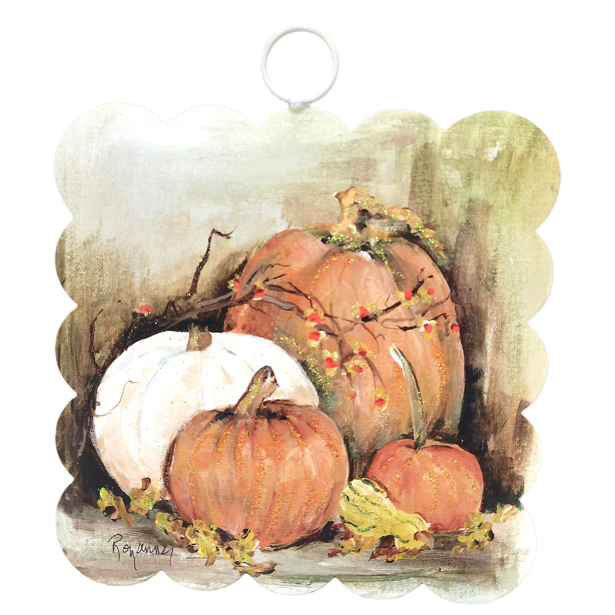 Mini scallop-edged metal art featuring a painted still life of white and orange autumn pumpkins.