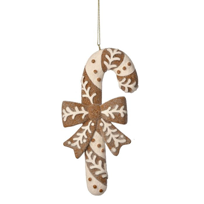 6-inch resin candy cane ornament with brown and white glittered stripes and a decorative bow.
