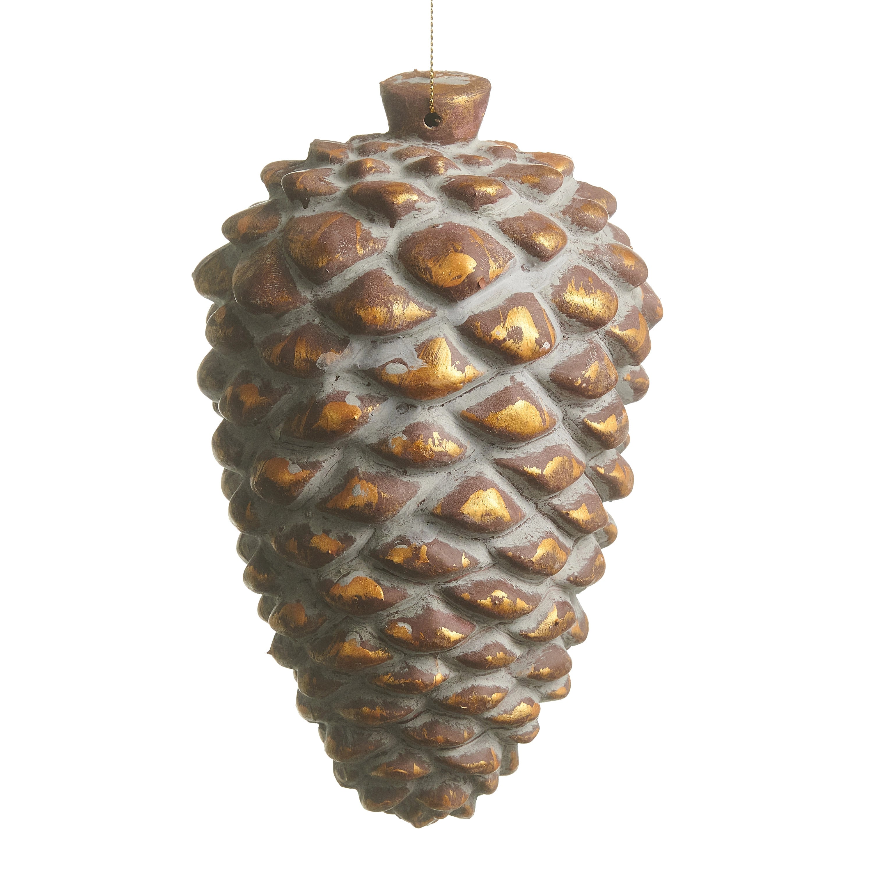 7.75-inch antique-style pinecone ornament with brown and gold distressed finish on a white background