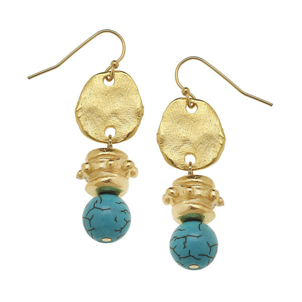 Bentley Earrings featuring hammered 24K gold discs and blue turquoise-style beads.