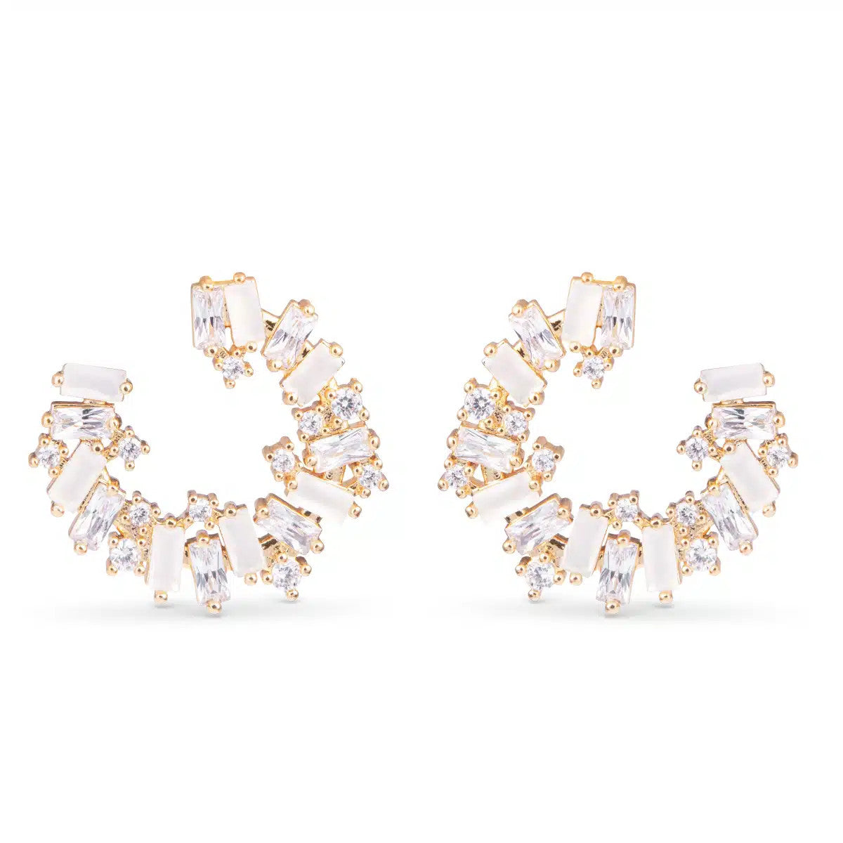 Gold open circle earrings featuring a mix of rectangular opaque and clear cubic zirconia stones.