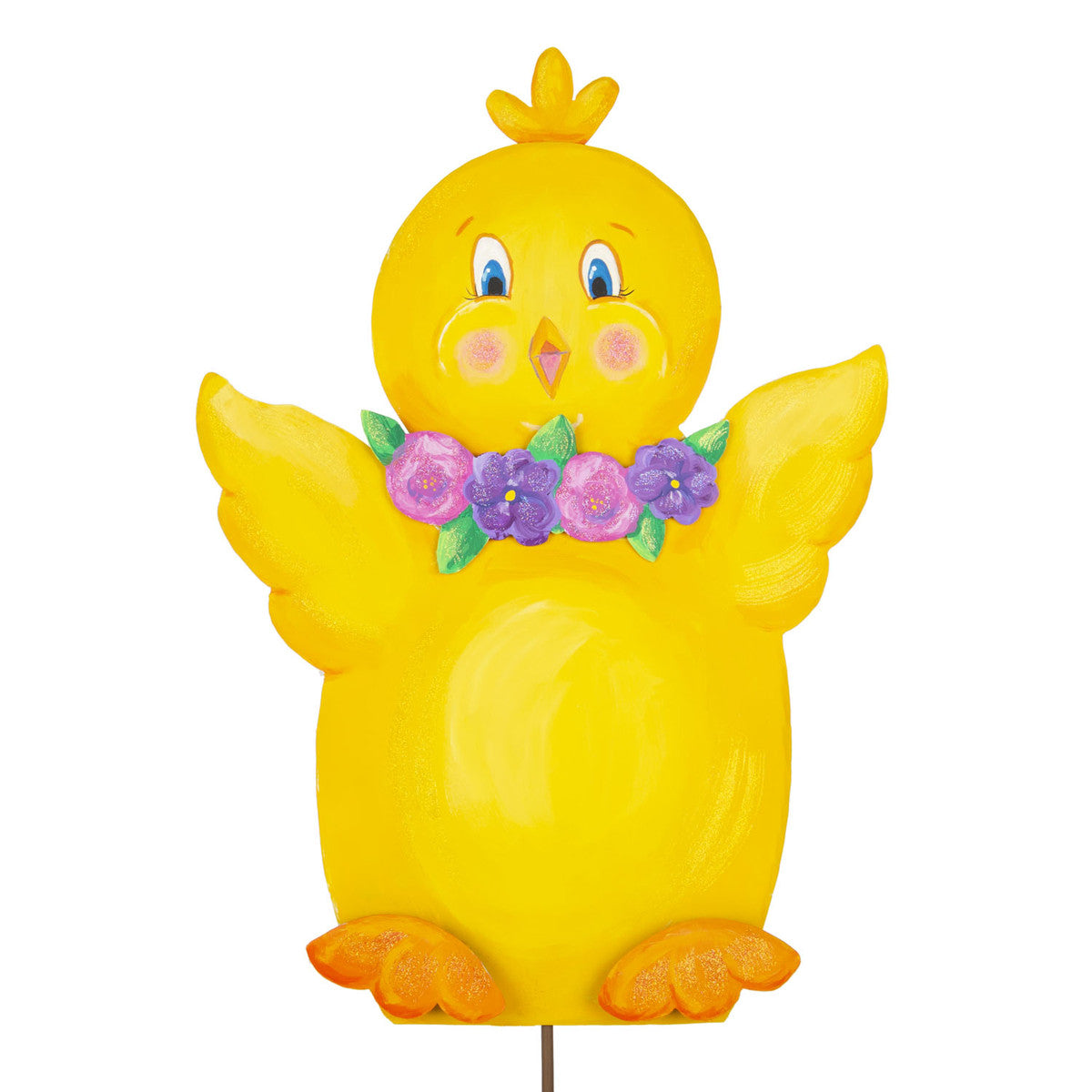 Chick-shaped wooden stake with pansy collar painted in pastel pink.