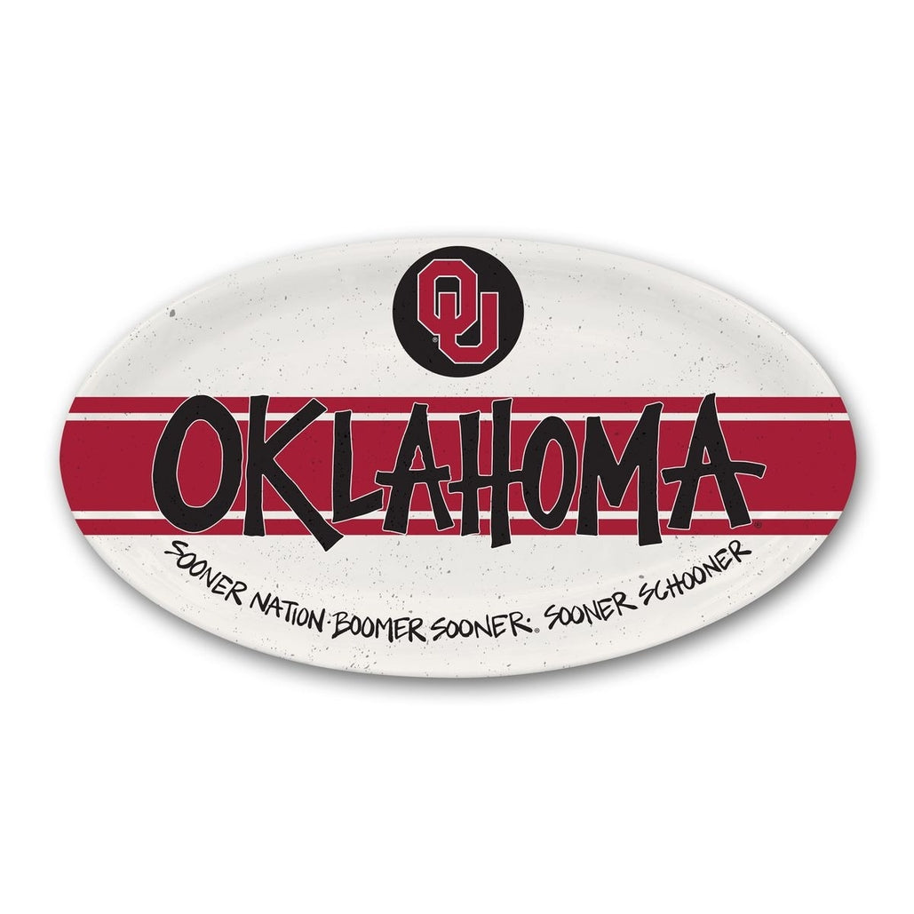 Oklahoma Sooners oval melamine dinner plate with OU logo and team slogans on a speckled background.