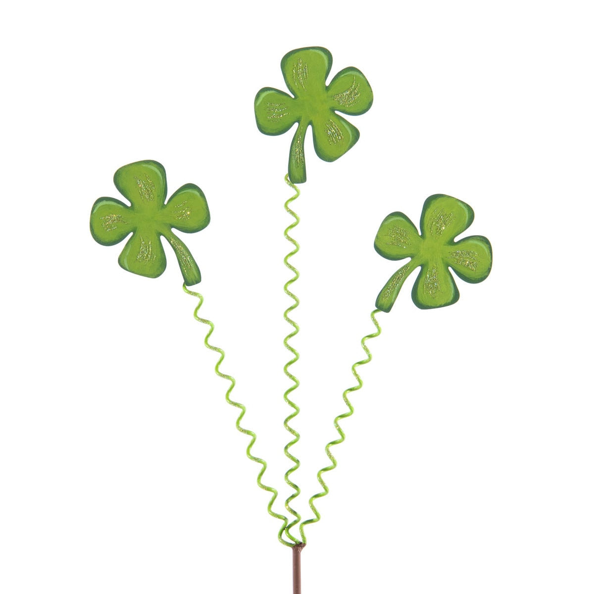 Green shamrock-patterned plastic garden stake with a trio leaf design.