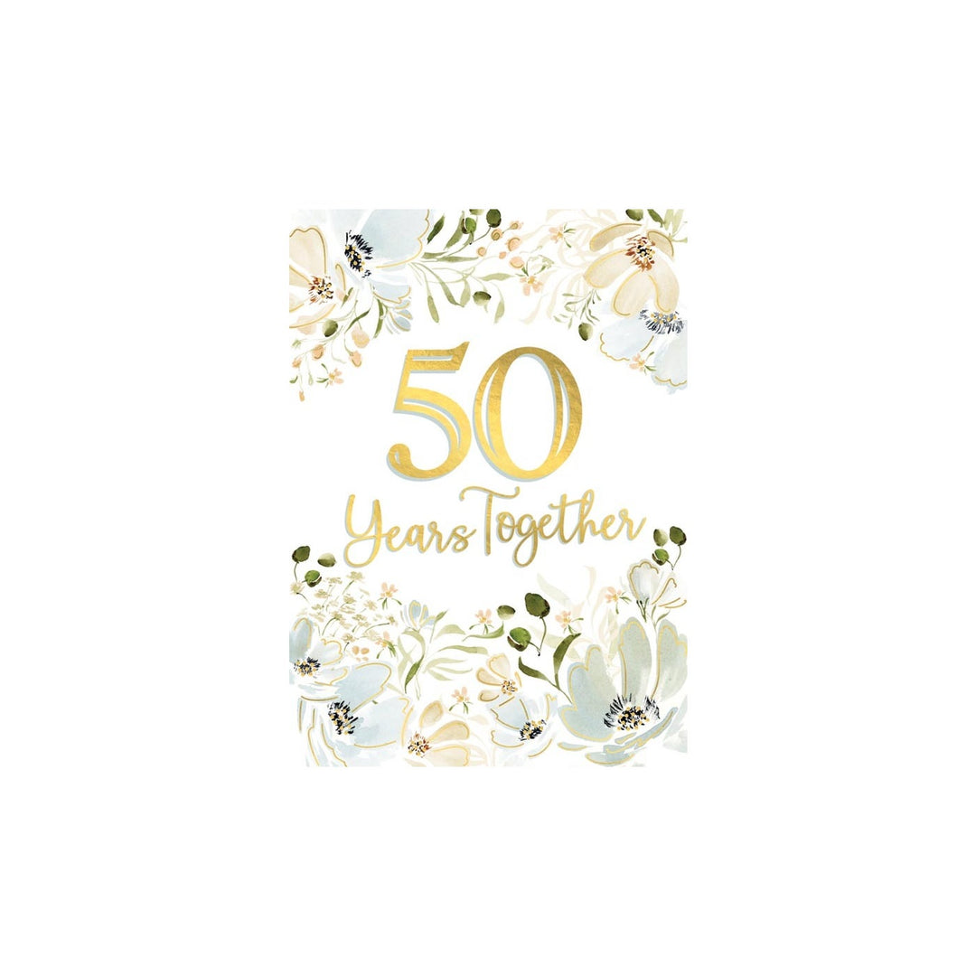 Soft Daisy Florals 50th Anniversary card with floral pattern and text reading 'And stronger every day.'