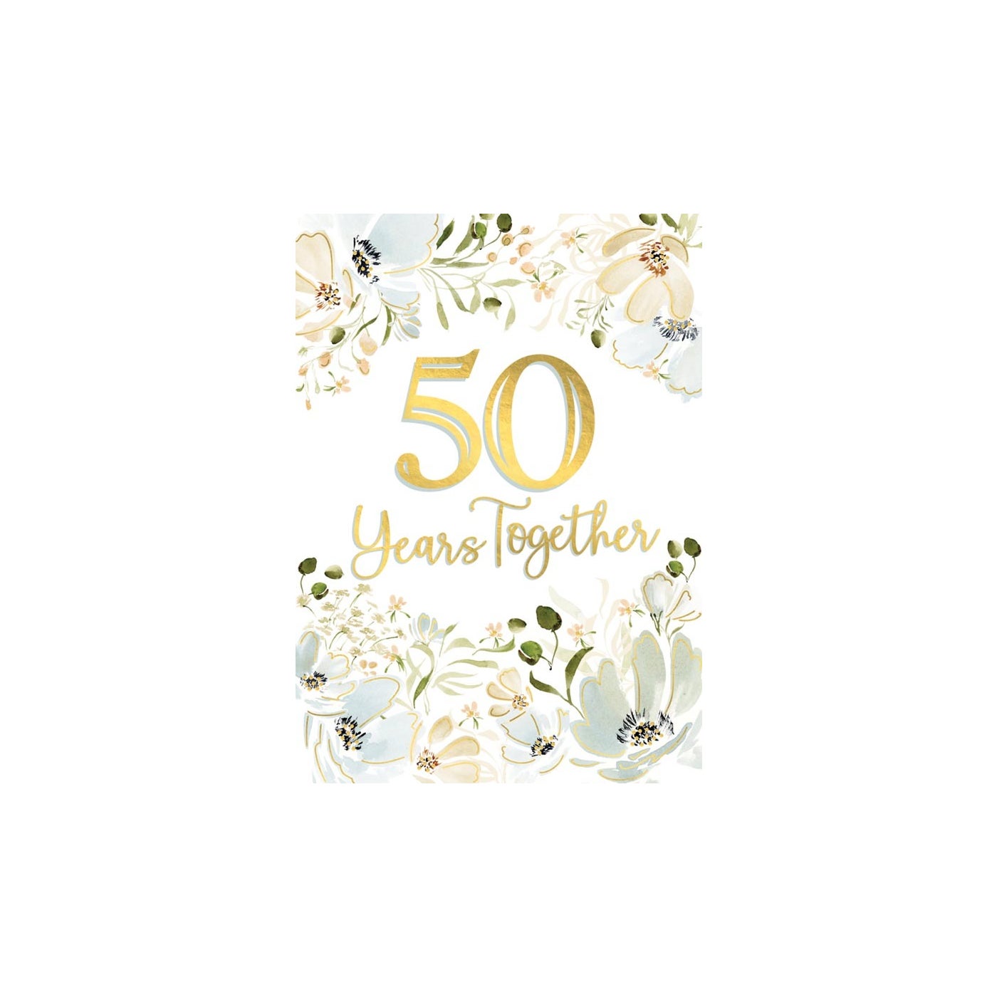 Soft Daisy Florals 50th Anniversary card with floral pattern and text reading 'And stronger every day.'