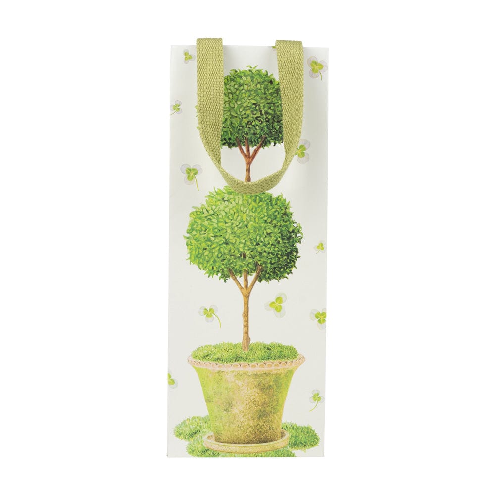 Potted Topiary bottle gift bag with green topiary tree design and woven handles.