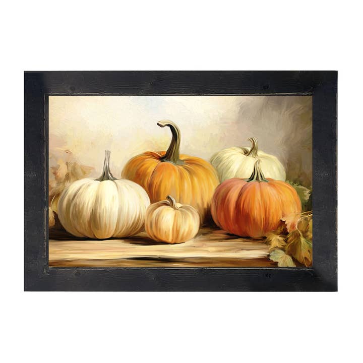 Autumn-themed painting showing various pumpkins on a table with muted colors in a reclaimed barnwood frame.