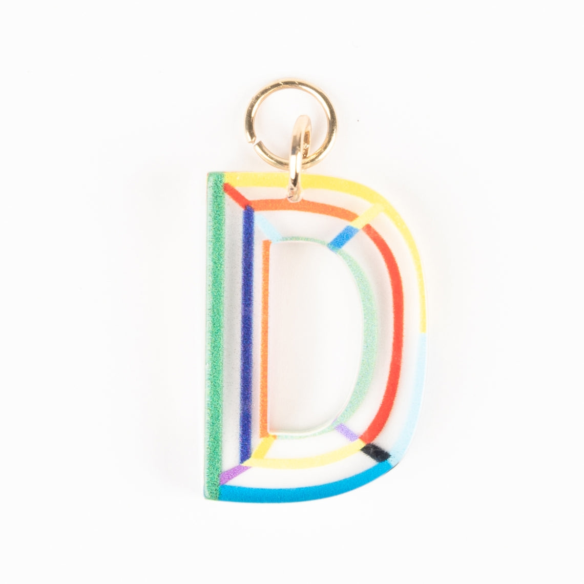 Marlow Initial Bag Charm featuring a colorful striped letter D with 18K gold plated hardware.