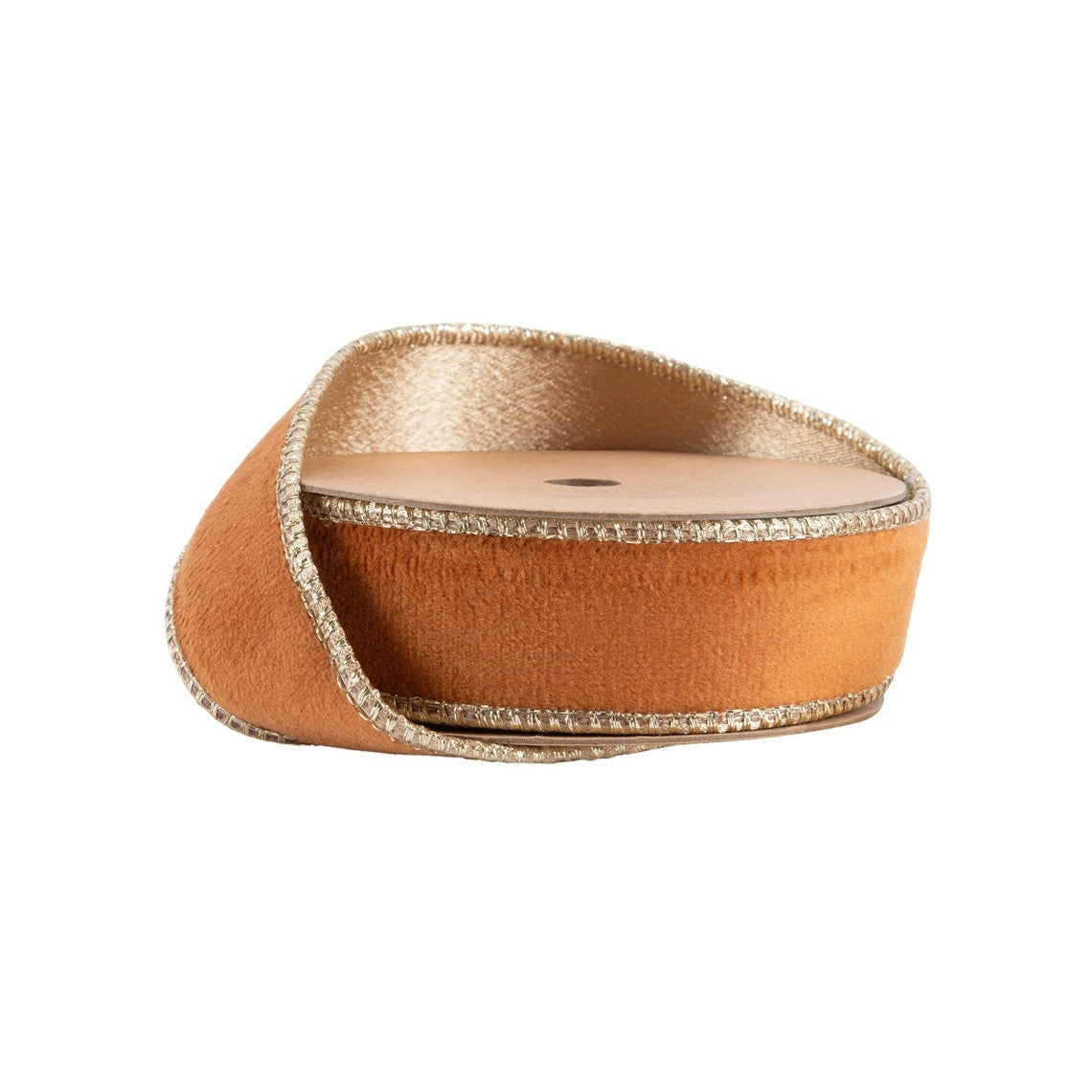 1 inch reversible rust velvet wired ribbon with gold backing on a spool.
