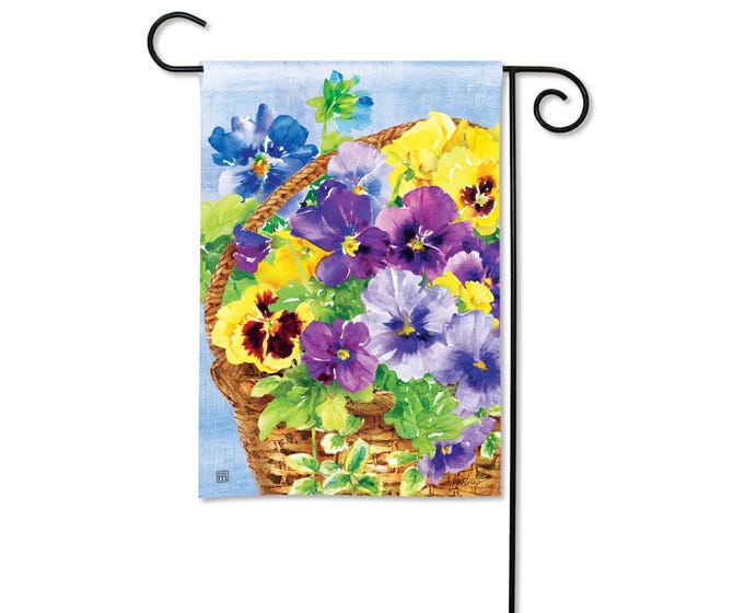 Garden flag with a watercolor painting of a basket overflowing with colorful pansies.