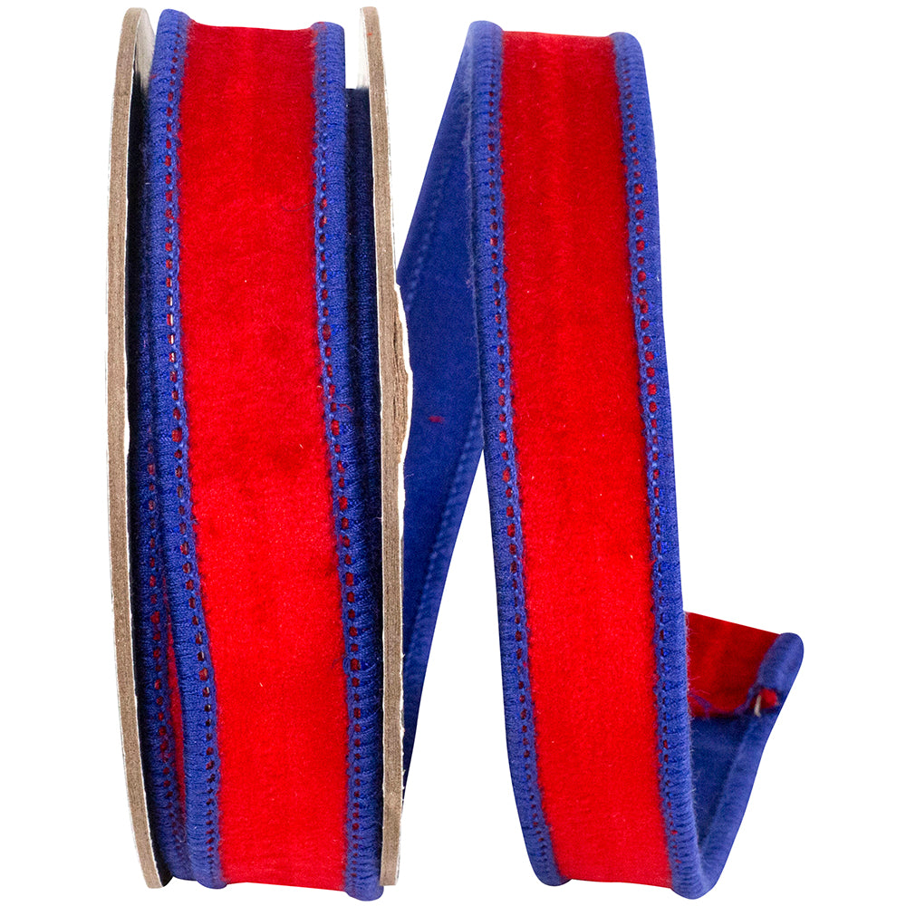 7/8 inch red velvet dupioni wired edge trim with royal blue backing