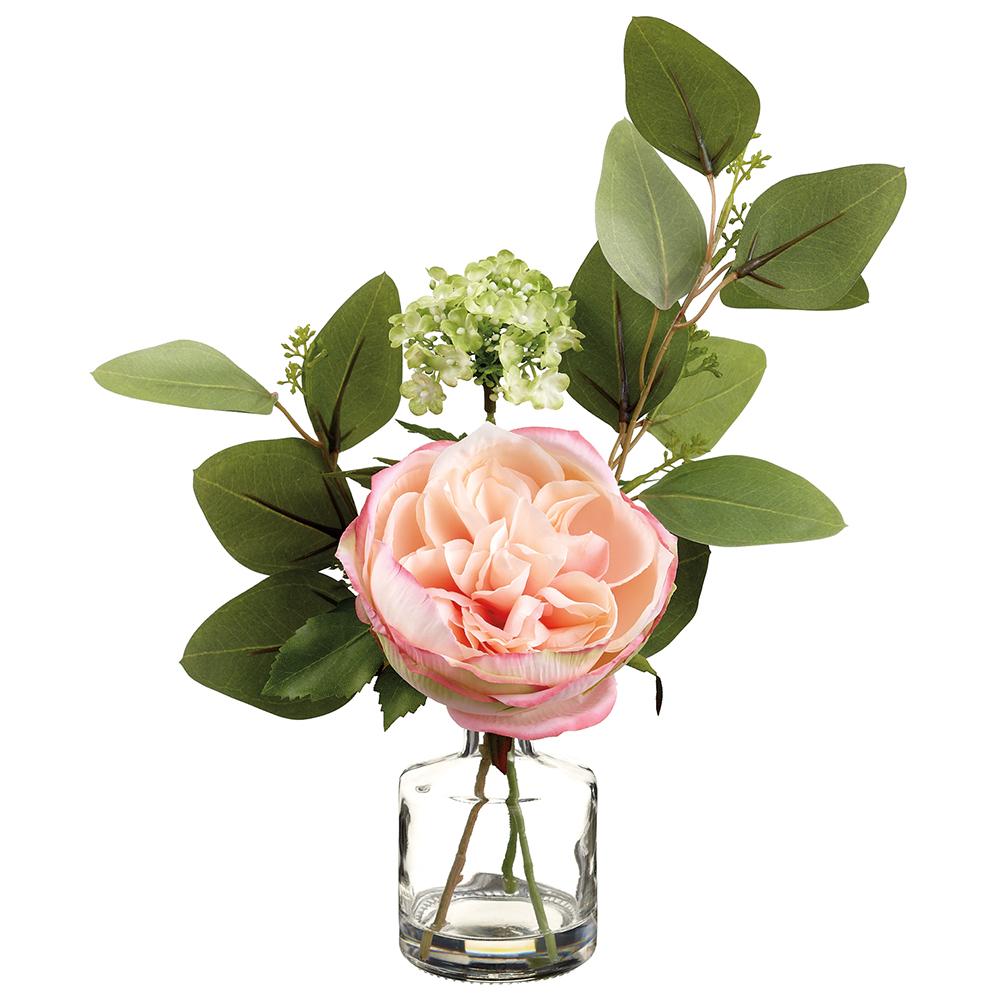 Glass vase with pink peach rose snowball floral arrangement in clear glass