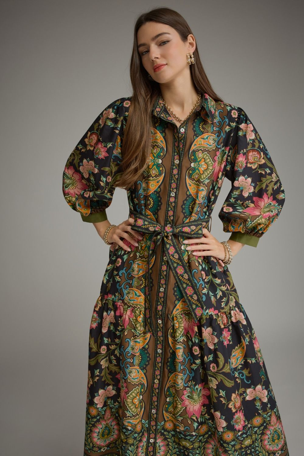 Chloe Printed ¾ Balloon Sleeve Midi Dress with a floral paisley pattern and button-front closure.