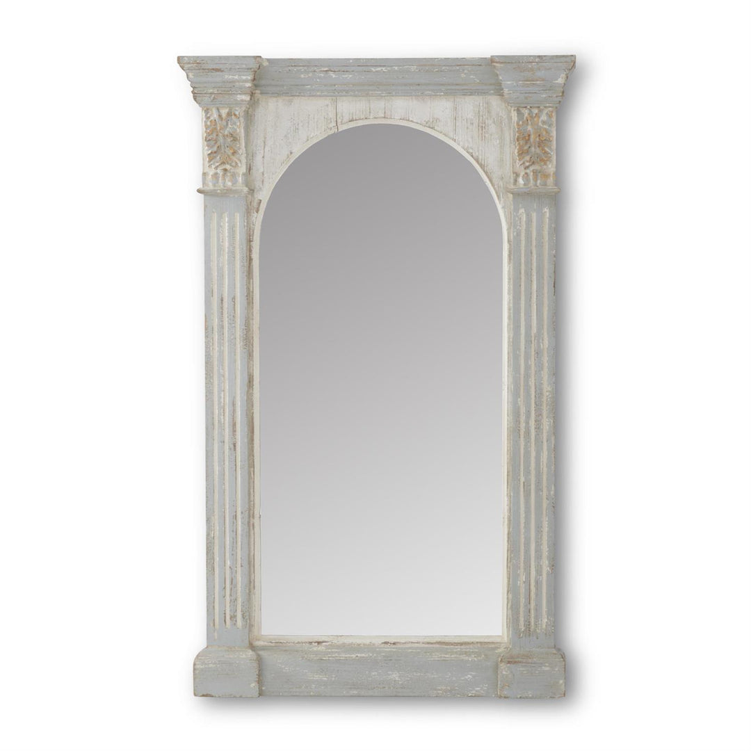 Weathered fir column framed arch mirror with a rectangular reflective surface.