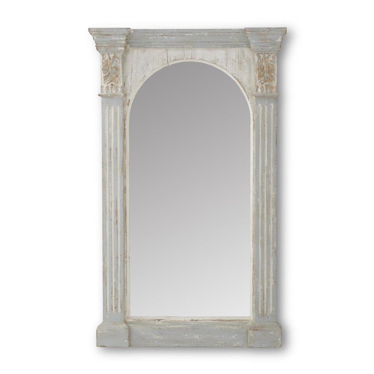 Weathered fir column framed arch mirror with a rectangular reflective surface.