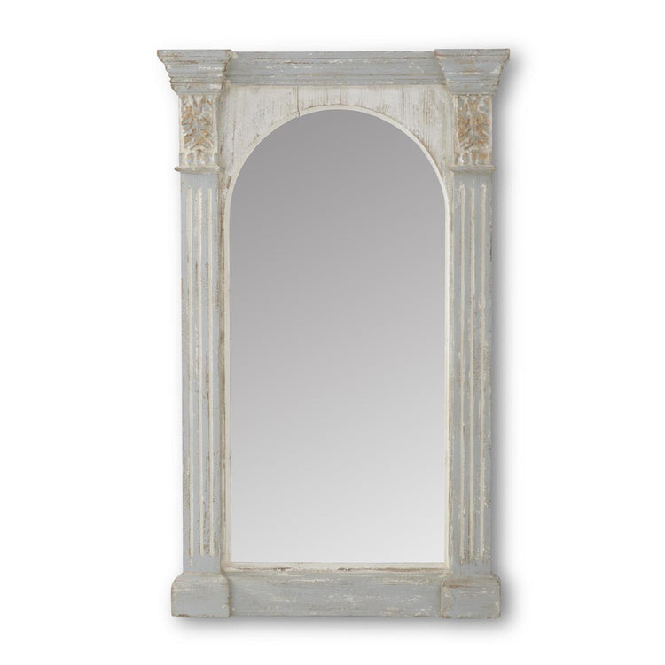 Weathered fir column framed arch mirror with a rectangular reflective surface.