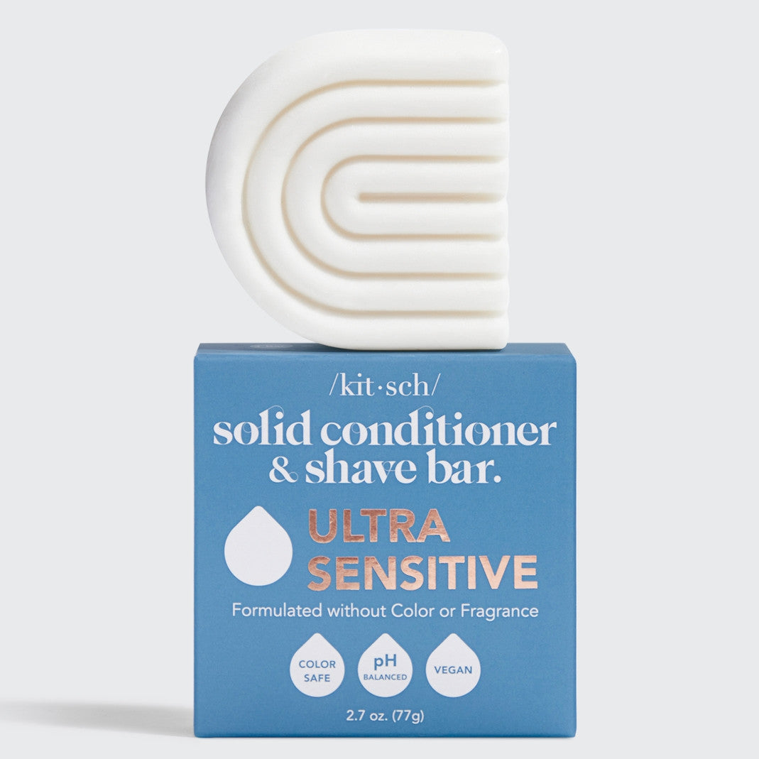 Kitsch Ultra Sensitive solid conditioner and shave bar on its blue box, fragrance-free.