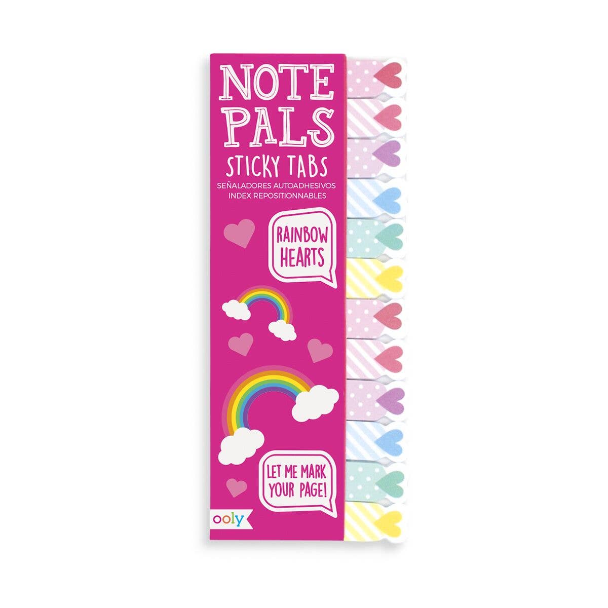 Ooly Note Pals sticky tabs with rainbow hearts and clouds design.