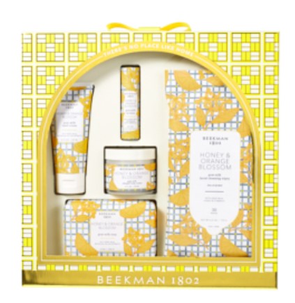 Honey & Orange Blossom fragrance set with bar soap, hand cream, body cream, lip balm, and face wipes.