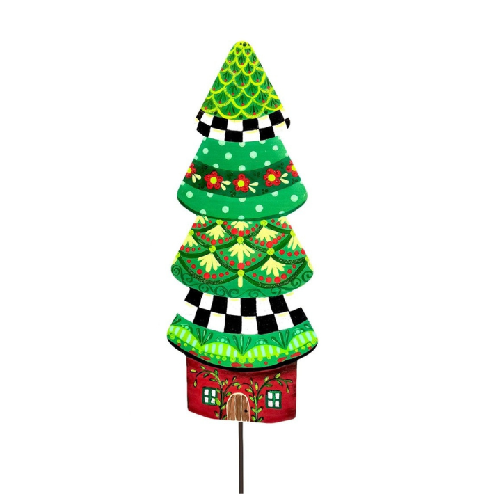 Hand-painted Christmas cottage garden stake with stacked green tree tiers and a red house base.