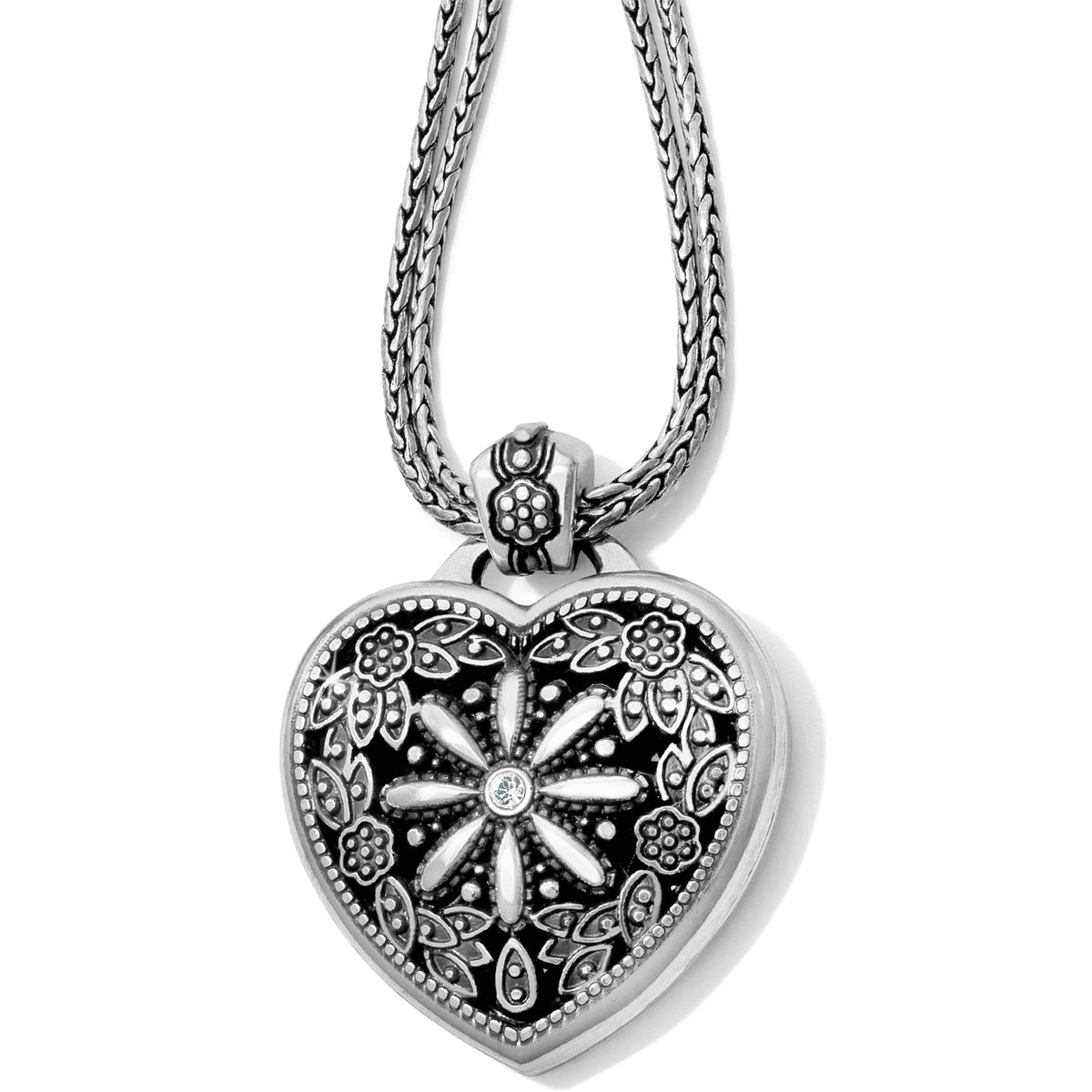 Silver plated adjustable locket necklace with a floral heart pendant holding one photo.