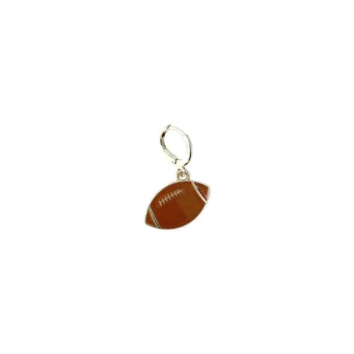 Gold football pendant scarf charm with brown enamel and white stitch details.