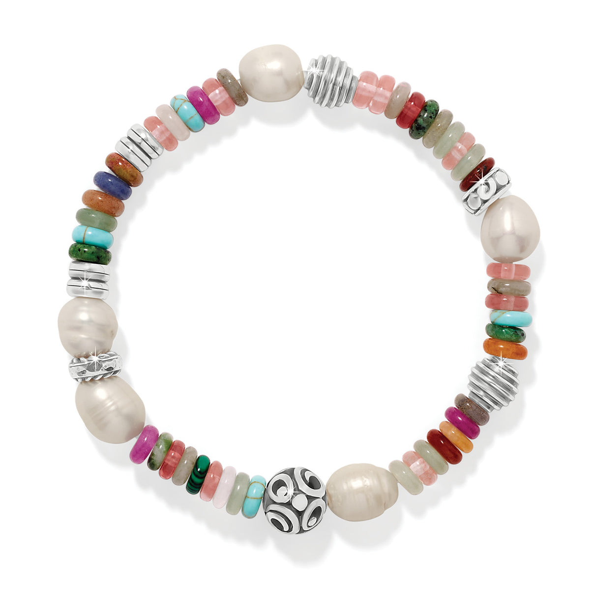 Vertigo Hues Stretch Bracelet with silver-plated beads, glass pearls, and colorful mixed gemstones.