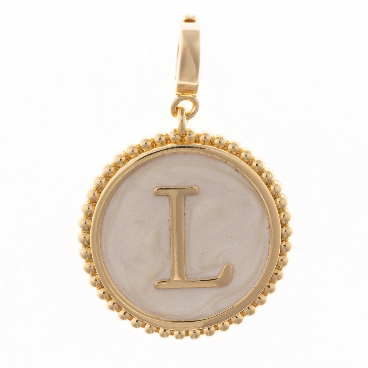 Circular .5-inch charm in 18k gold plating with faux mother-of-pearl inlay and clasp.